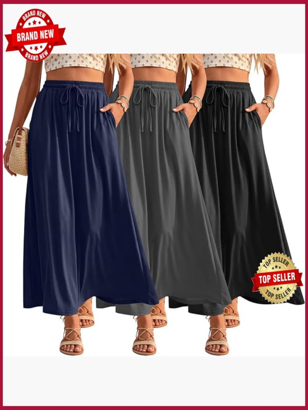 3-Pack Maxi Long Skirts A-Line High Waist with Pockets Flowy